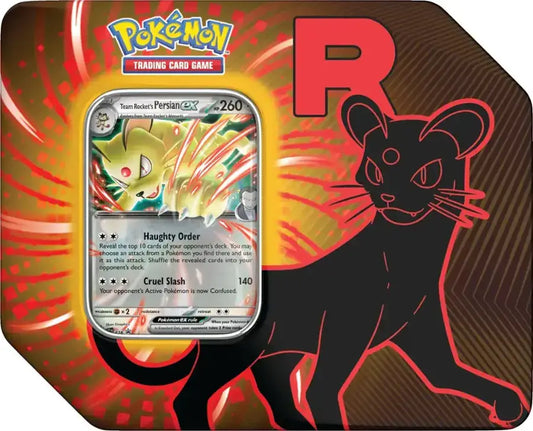 Pokémon TCG Team Rocket Tin featuring Team Rocket’s Persian GX collectible card
