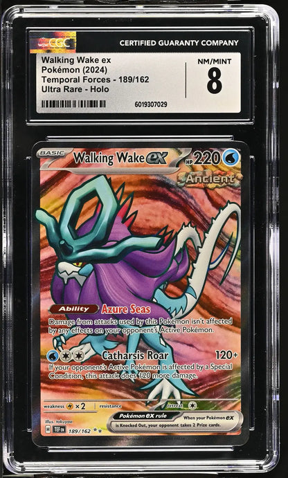 Graded Pokémon Walking Wake ex card from Pokémon Temporal Forces set in CGC 8 grade