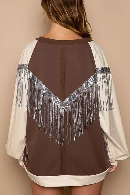POL Balloon Sleeve French Terry Sweatshirt with Sequin Tassel - French Terry Sweatshirt