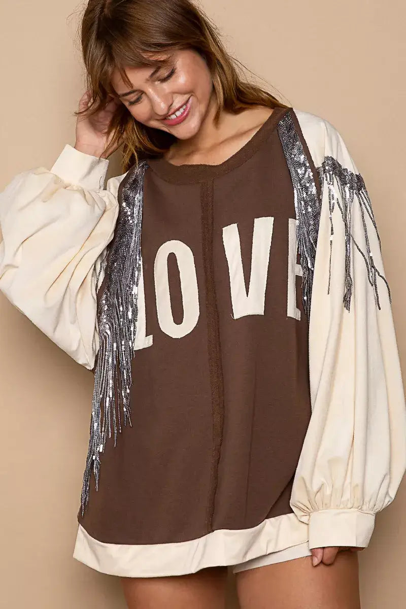POL Balloon Sleeve French Terry Sweatshirt with Sequin Tassel - CHOCO/CREAM / S - French Terry Sweatshirt