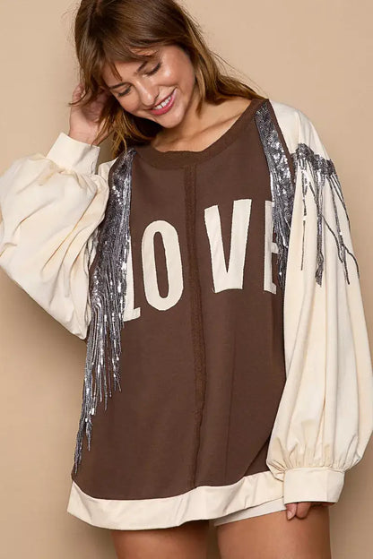 POL Balloon Sleeve French Terry Sweatshirt with Sequin Tassel - CHOCO/CREAM / S - French Terry Sweatshirt