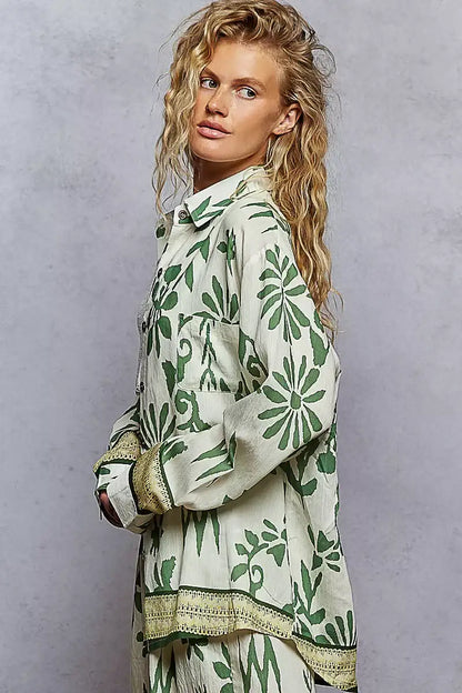 POL Button Down Floral Long Sleeve Shirt - Floral Long Sleeve Shirt