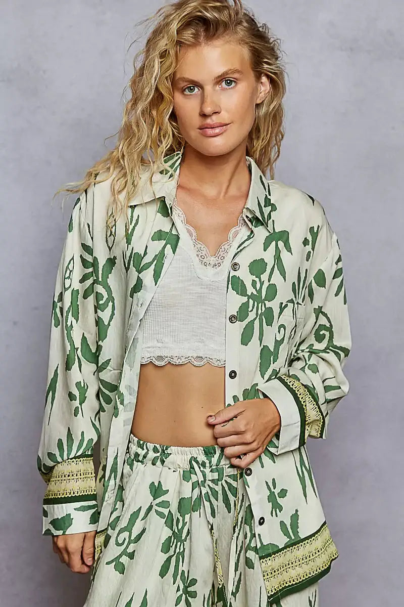 POL Button Down Floral Long Sleeve Shirt - IVORY/GREEN FLORAL / S - Floral Long Sleeve Shirt
