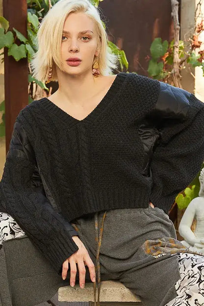 POL Cable Knit Quilting Patch V-Neck Sweater - Black / S