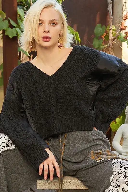 POL Cable Knit Quilting Patch V-Neck Sweater - Black / S
