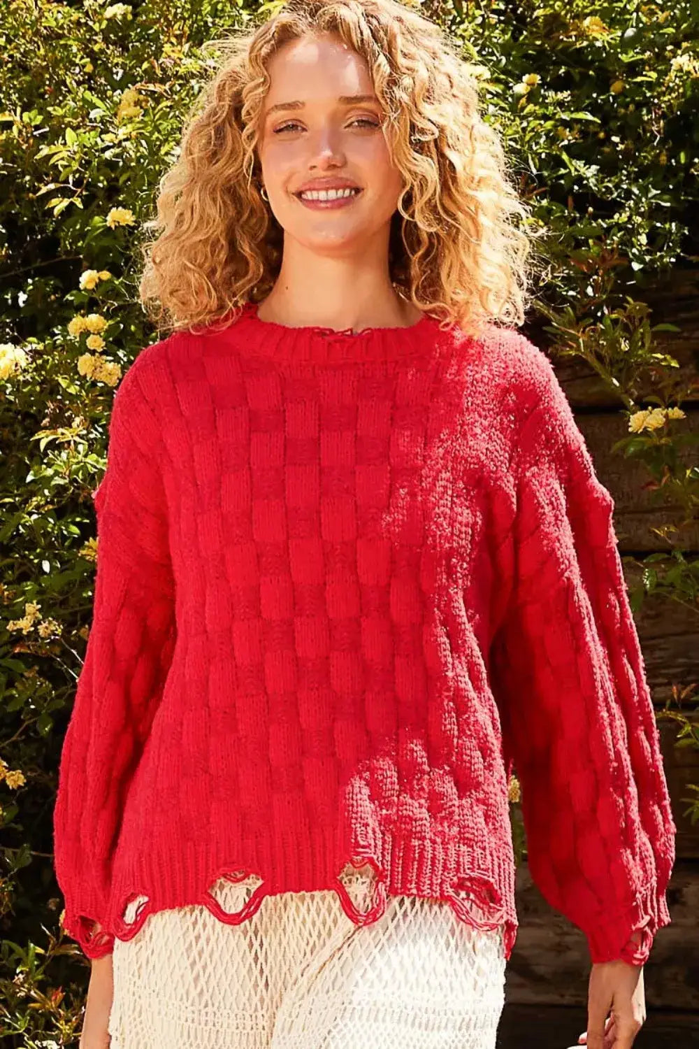 Red POL Checkered Distressed Edge Sweater with scalloped hem and balloon sleeves