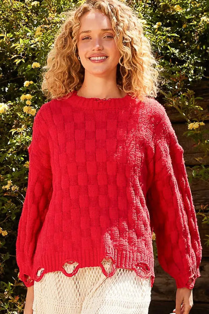 Red POL Checkered Distressed Edge Sweater with scalloped hem and balloon sleeves