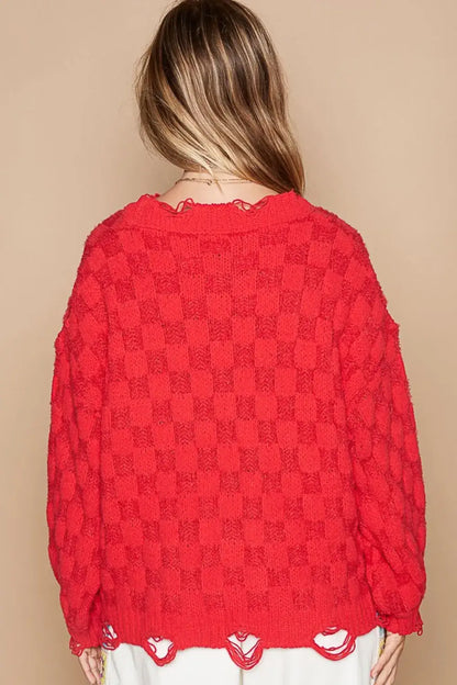 Red lace cardigan with scalloped edges and checkered distressed pattern from POL Checkered Distressed collection
