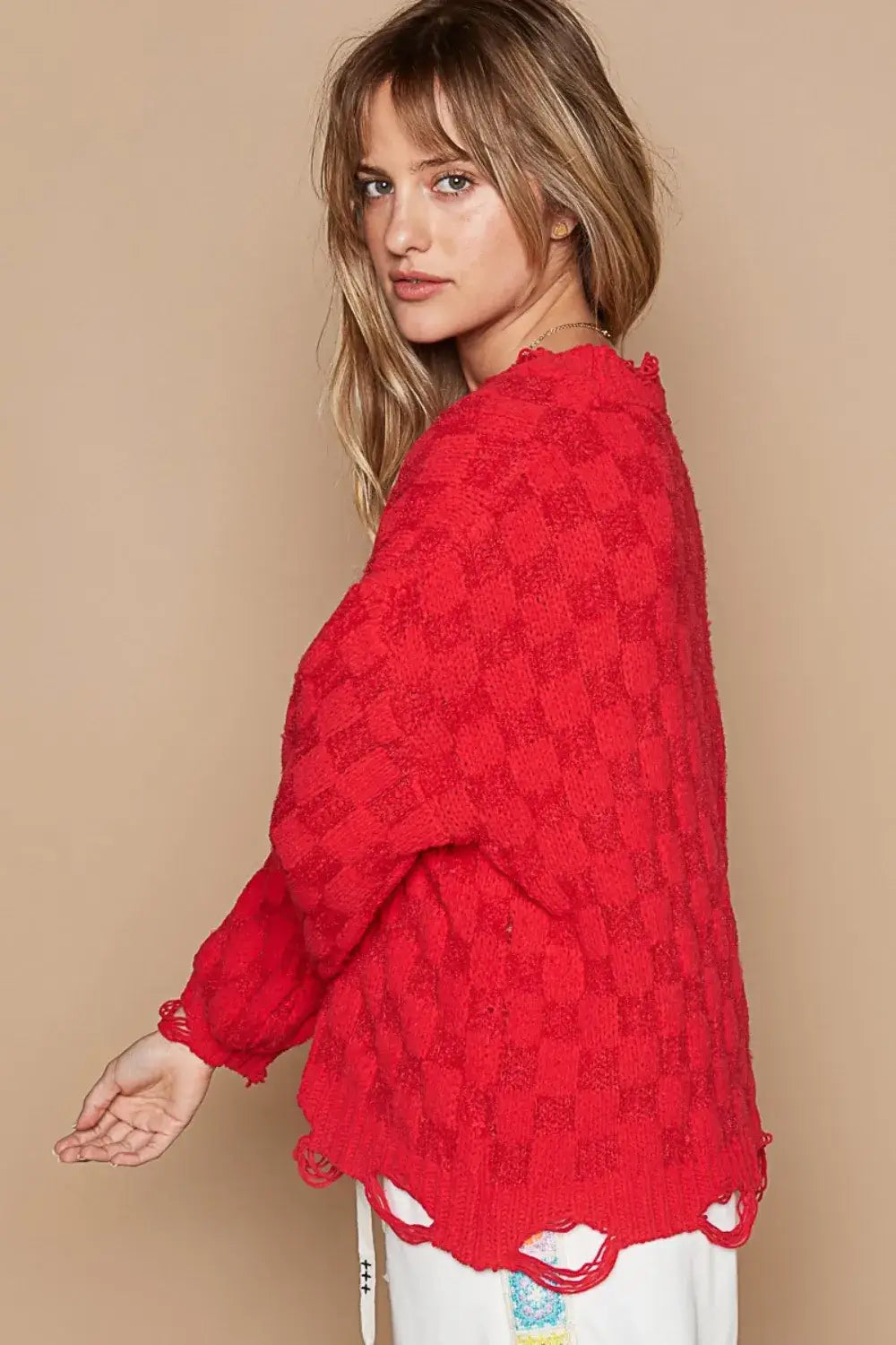Red lace kimono with scalloped edges and ruffled hem, part of POL Checkered Distressed collection