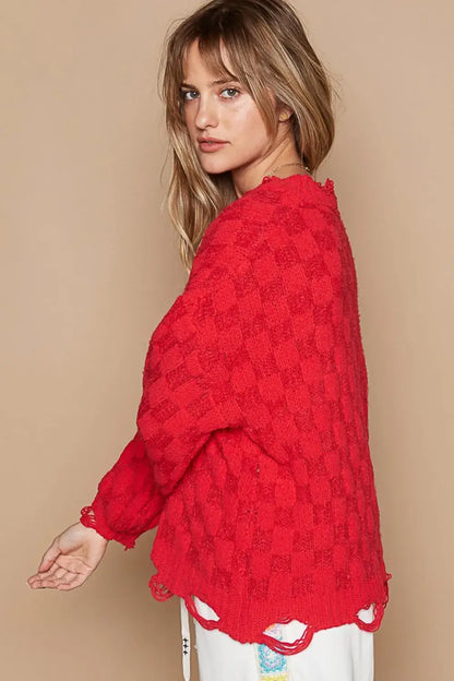 Red lace kimono with scalloped edges and ruffled hem, part of POL Checkered Distressed collection