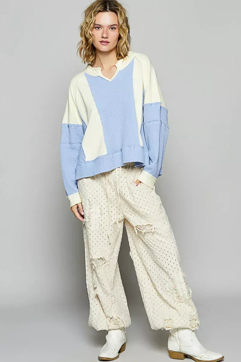 POL Color Block Waffle Knit Raw Hem Sweatshirt