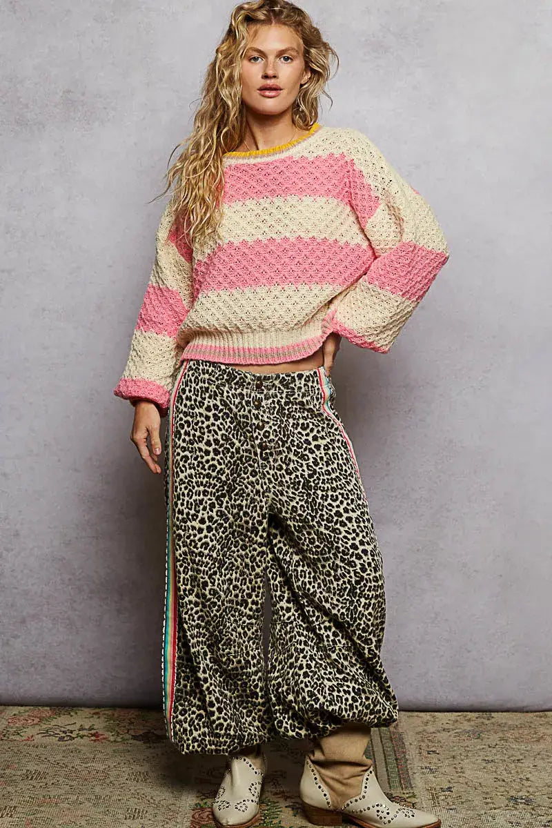 POL Contrast Striped Round Neck Sweater with Textured Cable Knit Pattern