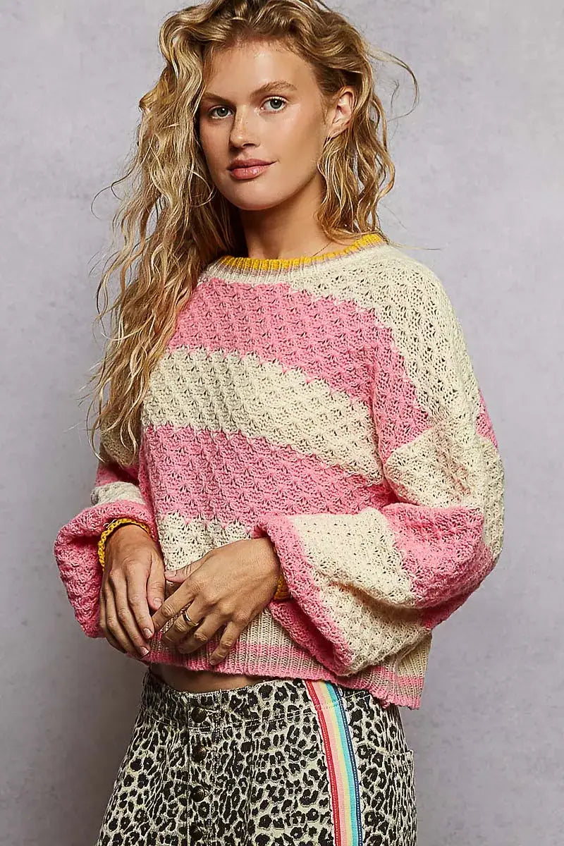 POL Contrast Striped Round Neck Sweater with Textured Cable Knit Pattern