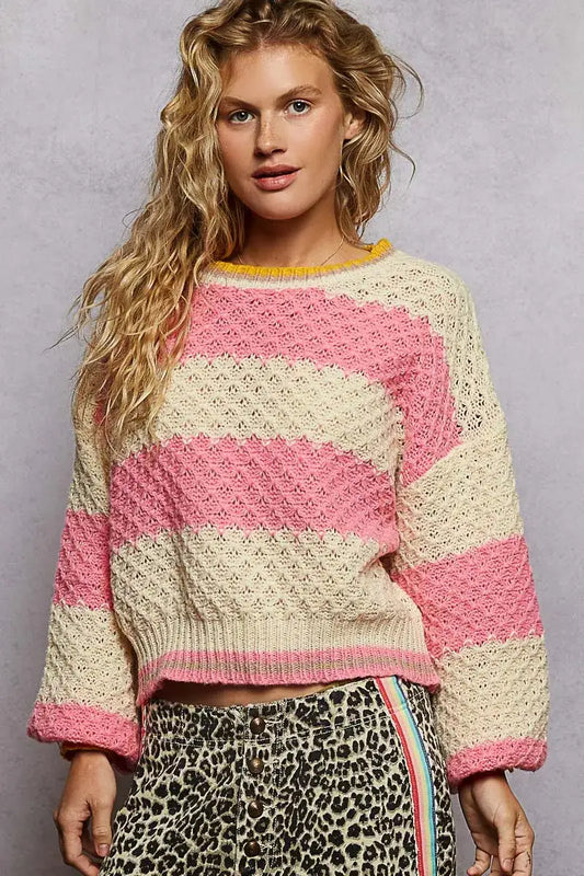 POL Contrast Striped Round Neck Sweater with Textured Cable Knit Pattern - PINK STRIPE / S