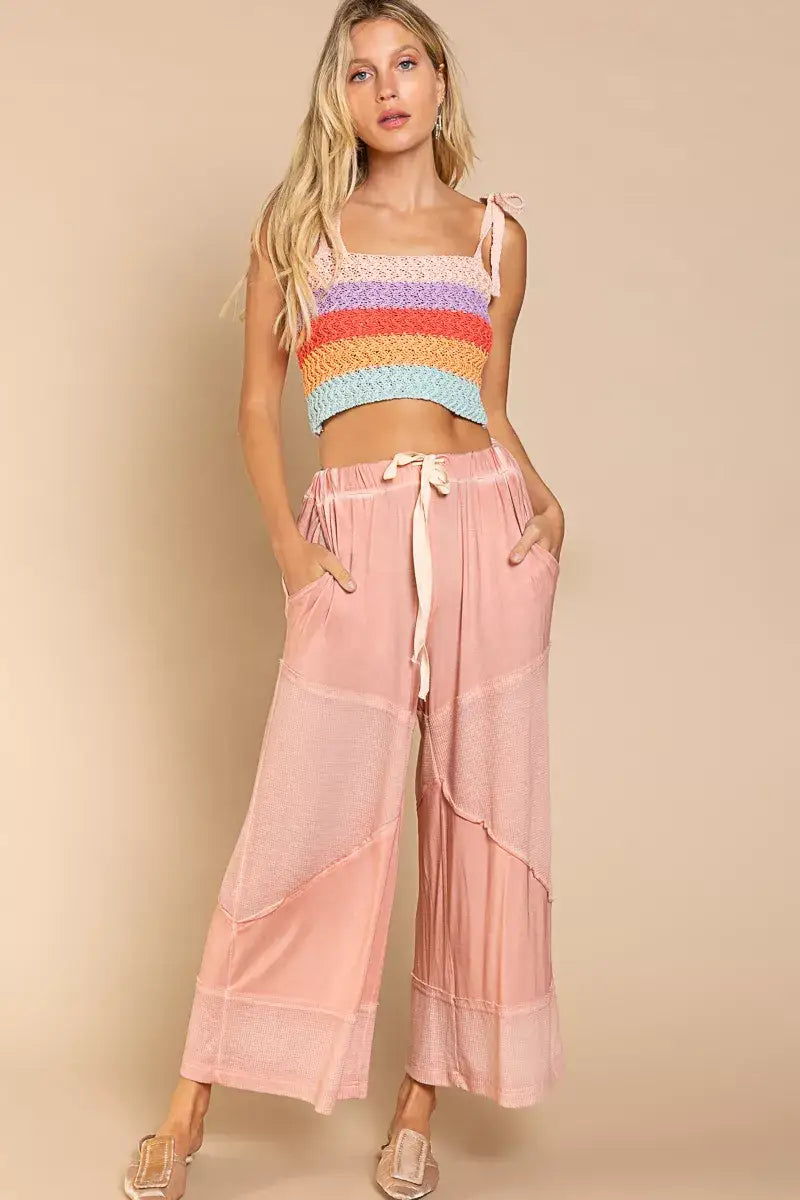 POL Elastic Waistband Wide Leg Pants with Drawstring - Wide Leg Pants