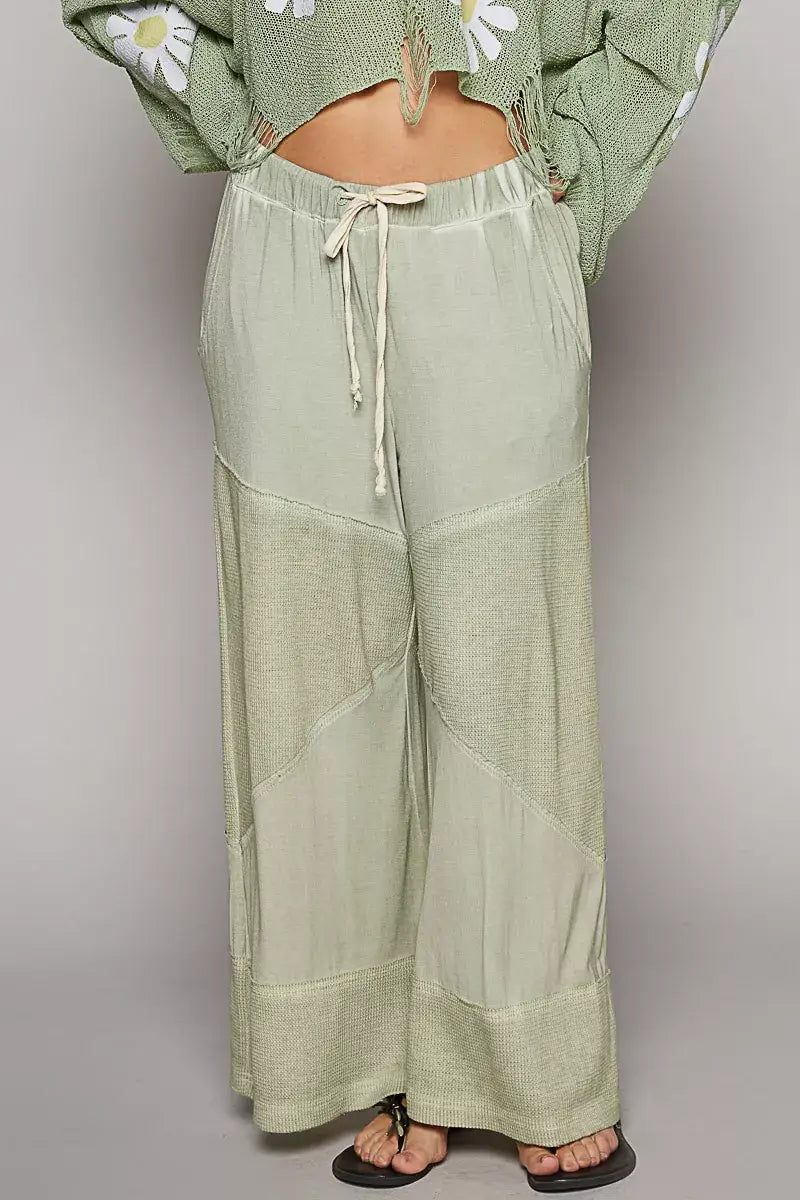 POL Elastic Waistband Wide Leg Pants with Drawstring - DESERT SAGE / S/M - Wide Leg Pants with Drawstring