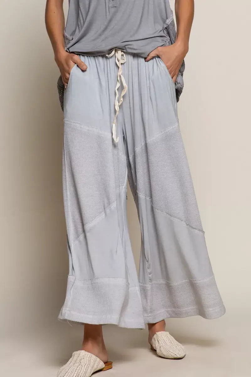 POL Elastic Waistband Wide Leg Pants with Drawstring - DOVE GREY / S/M - Leg Pants with Drawstring