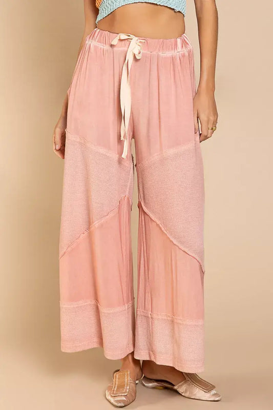 POL Elastic Waistband Wide Leg Pants with Drawstring - DREAMY ROSE / S/M - Wide Leg Pants