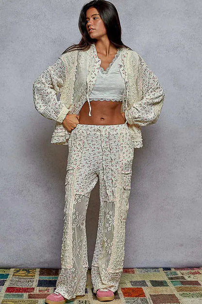 POL Floral Balloon Sleeve Hooded Lace Jacket with Stitch Detail