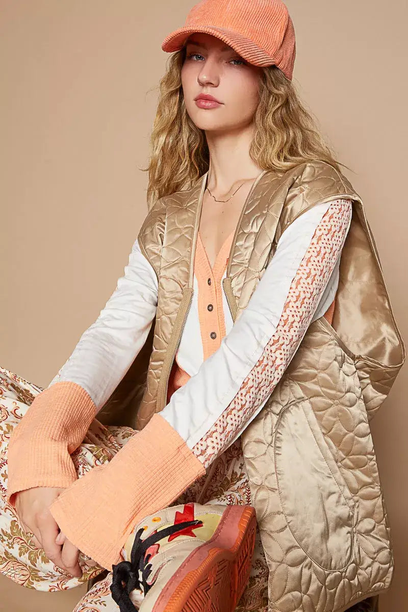 POL Front Zipper Floral Pattern Quilted Vest Coat with Front Pockets