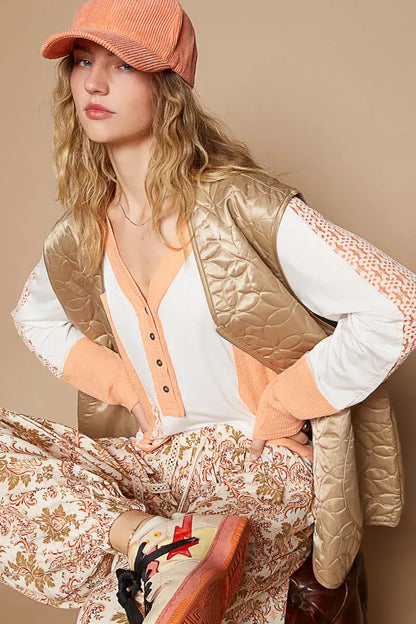 POL Front Zipper Floral Pattern Quilted Vest Coat with Front Pockets