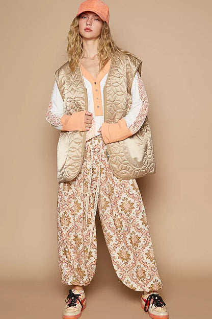 POL Front Zipper Floral Pattern Quilted Vest Coat with Front Pockets