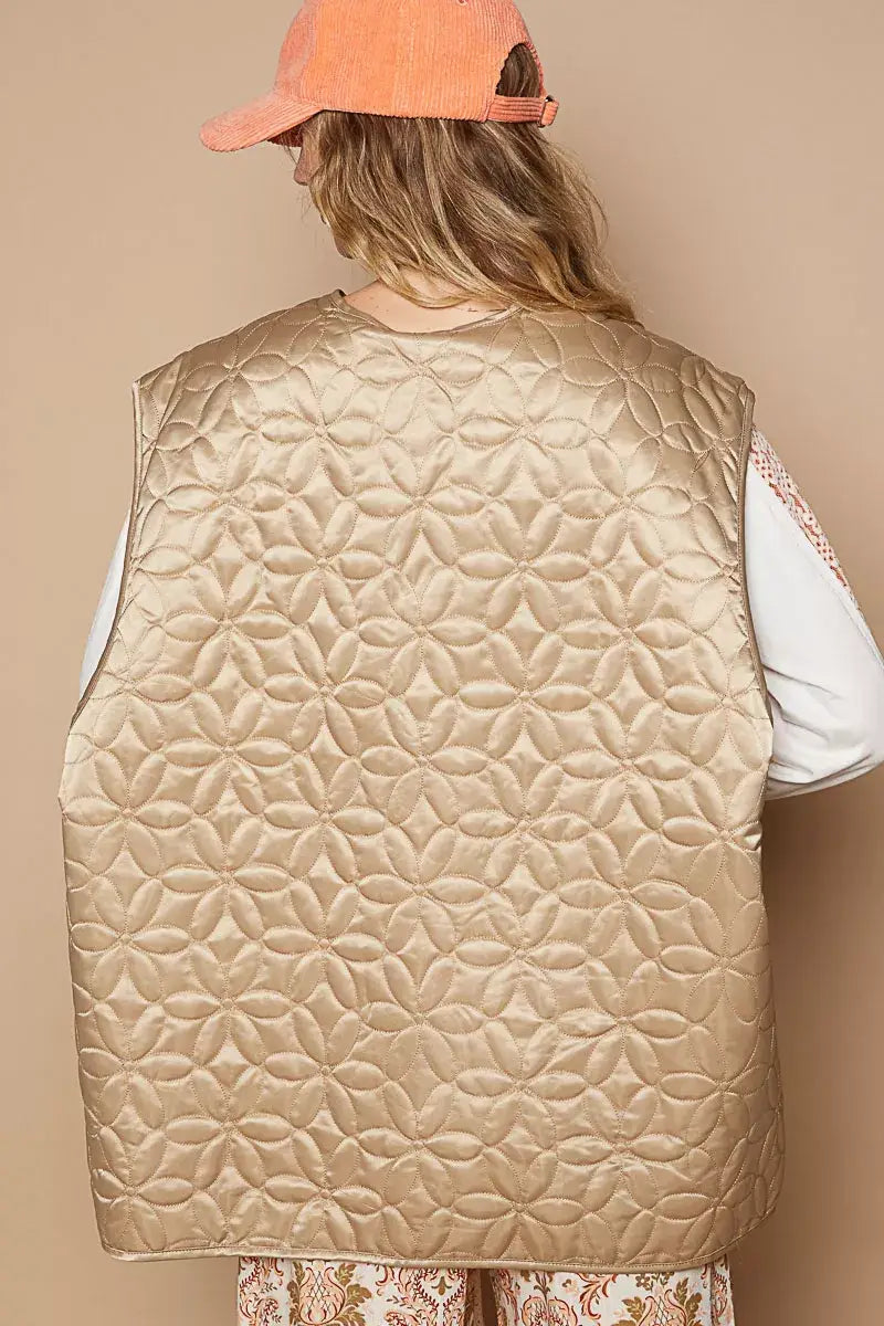POL Front Zipper Floral Pattern Quilted Vest Coat with Front Pockets