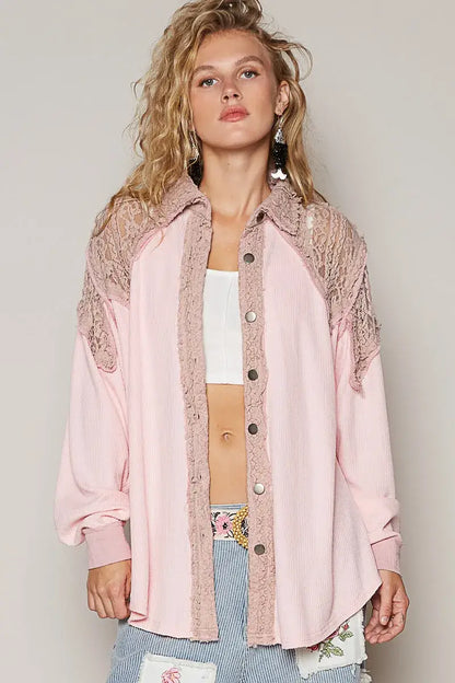 POL Lace Patchwork Button Up Shacket - Blush Pink / S