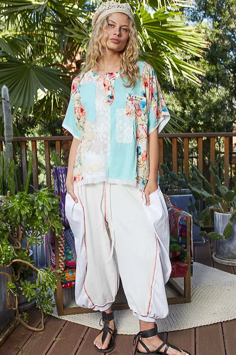 POL Lace Round Neck Short Sleeve Floral Pattern Top with Patch Detail