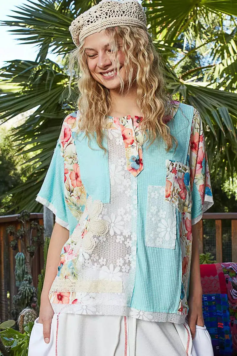 POL Lace Round Neck Short Sleeve Floral Pattern Top with Patch Detail - AQUA / S