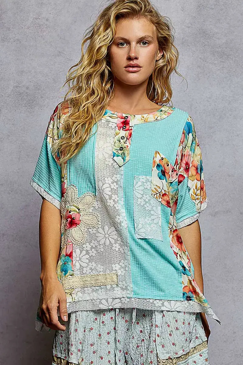POL Lace Round Neck Short Sleeve Floral Pattern Top with Patch Detail