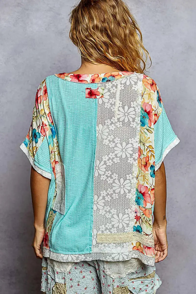 POL Lace Round Neck Short Sleeve Floral Pattern Top with Patch Detail