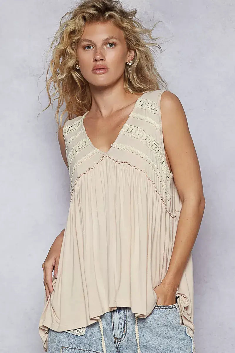 POL Lace Trim Babydoll Sleeveless Top with Ruffled and Raw Edge Detail - ALMOND / S - Ruffled and Raw Edge