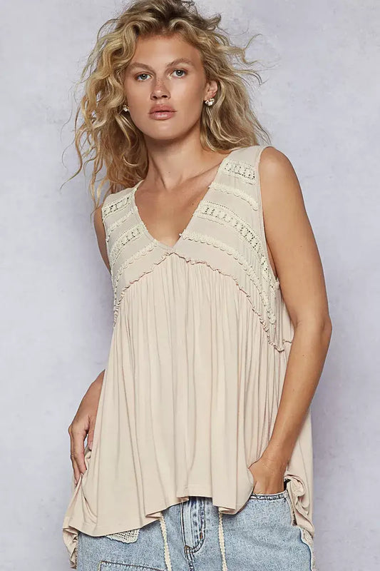 POL Lace Trim Babydoll Sleeveless Top with Ruffled and Raw Edge Detail - ALMOND / S - Ruffled and Raw Edge