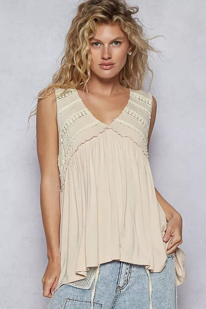 POL Lace Trim Babydoll Sleeveless Top with Ruffled and Raw Edge Detail - Ruffled and Raw Edge