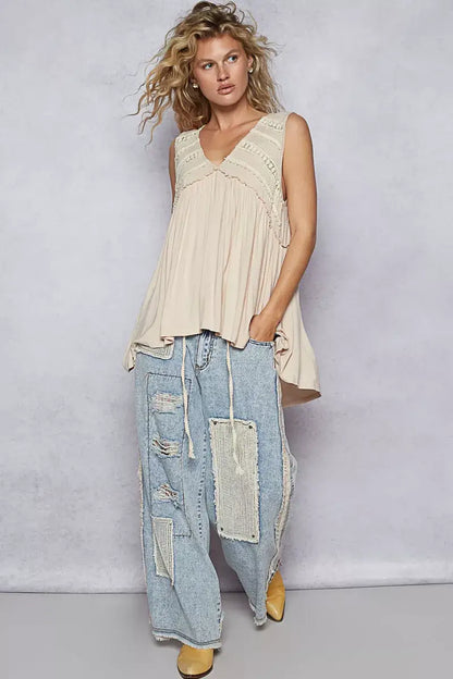 POL Lace Trim Babydoll Sleeveless Top with Ruffled and Raw Edge Detail - Ruffled and Raw Edge