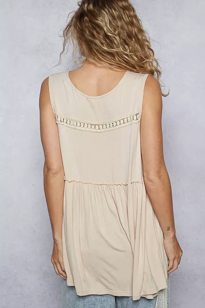 POL Lace Trim Babydoll Sleeveless Top with Ruffled and Raw Edge Detail - Ruffled and Raw Edge