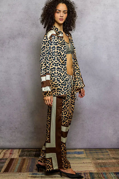 POL Leopard Printed Woven Wide Leg Drawstring Pants
