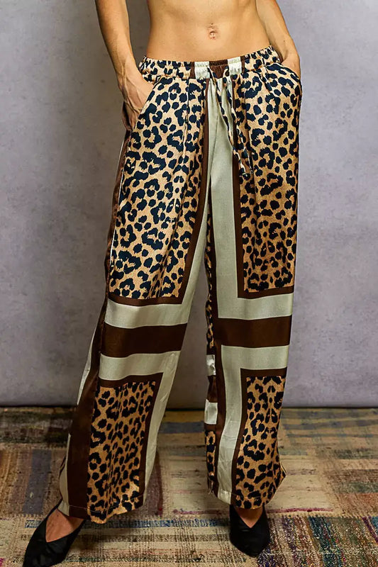 POL Leopard Printed Woven Wide Leg Drawstring Pants - SAND/INDIGO LEOPA / S