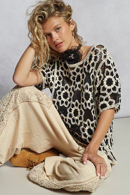 POL Openwork Short Sleeve Crochet Knit Top with Weave Knit Patterns - BLACK/BEIGE / One Size