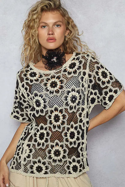 POL Openwork Short Sleeve Crochet Knit Top with Weave Knit Patterns - BLACK/BEIGE / One Size