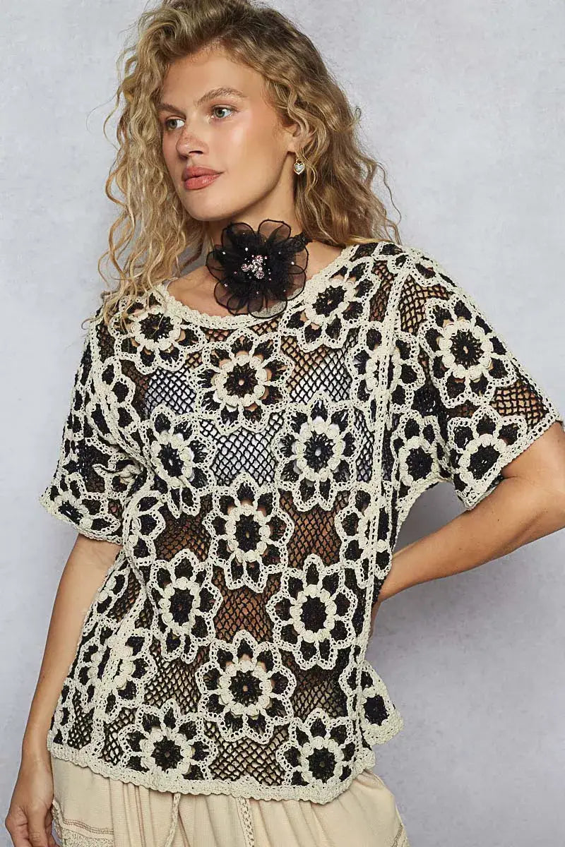 POL Openwork Short Sleeve Crochet Knit Top with Weave Knit Patterns - BLACK/BEIGE / One Size