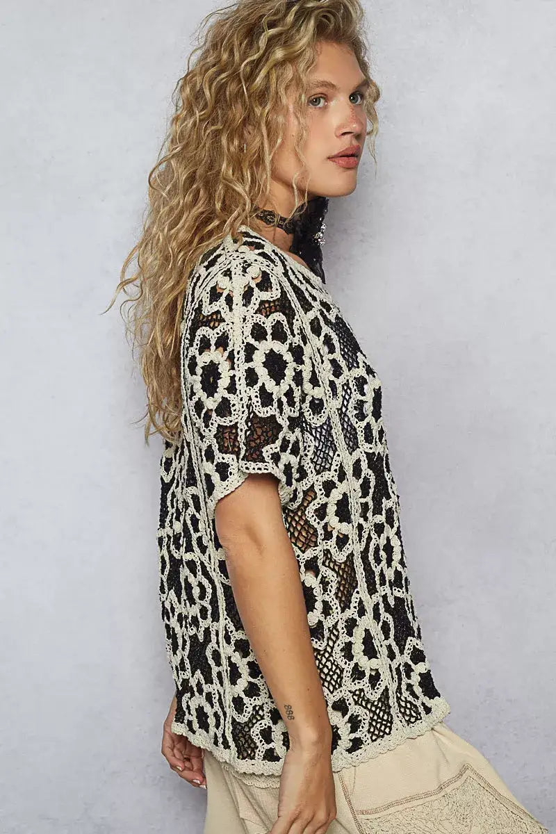 POL Openwork Short Sleeve Crochet Knit Top with Weave Knit Patterns - BLACK/BEIGE / One Size