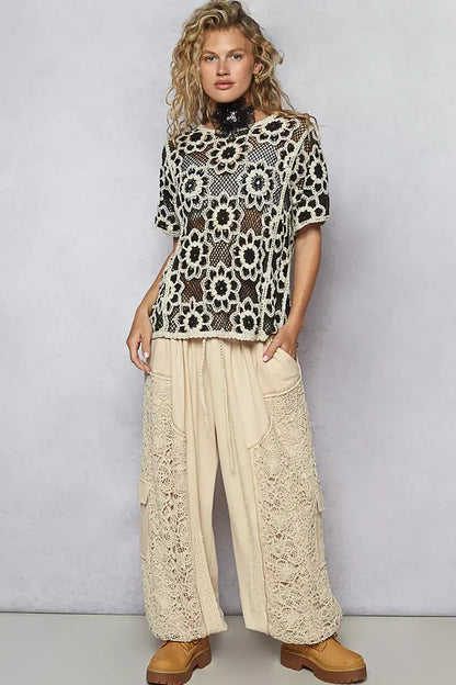 POL Openwork Short Sleeve Crochet Knit Top with Weave Knit Patterns - BLACK/BEIGE / One Size