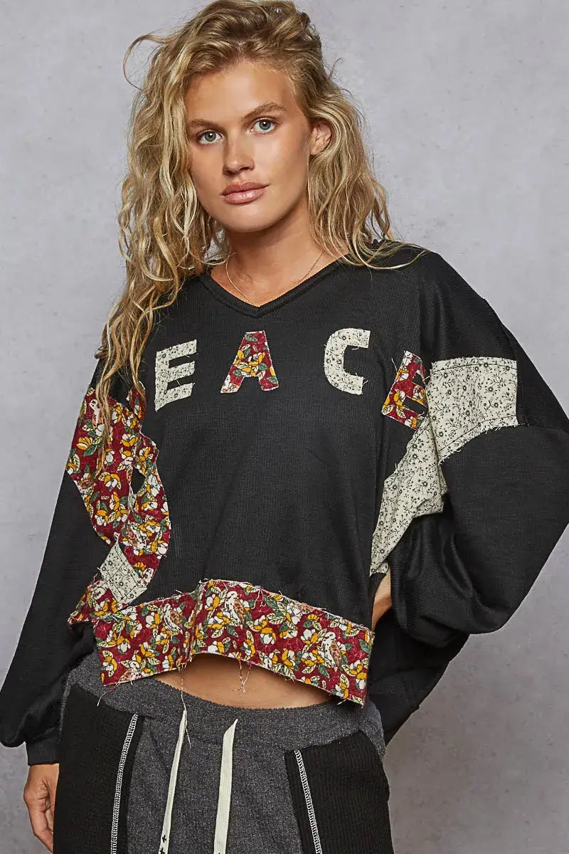 POL Peace Patch Floral Long Sleeve Hoodie - Black / S