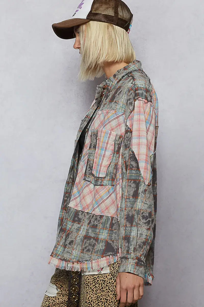 POL Plaid Patchwork Long Sleeve Shirt with frayed edges and plaid accents on denim jacket