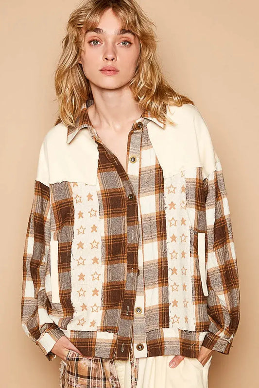 POL Plaid & Star Patchwork Contrast Long Sleeve Shacket - Beige / S
