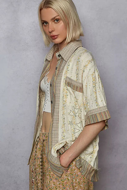 POL Printed Button Down Patchwork Short Sleeve Shirt