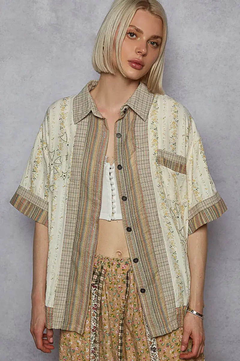 POL Printed Button Down Patchwork Short Sleeve Shirt - CREAM MULTI / S