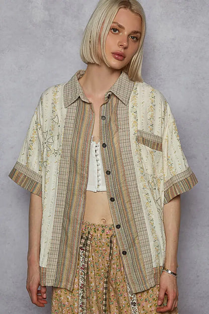 POL Printed Button Down Patchwork Short Sleeve Shirt - CREAM MULTI / S